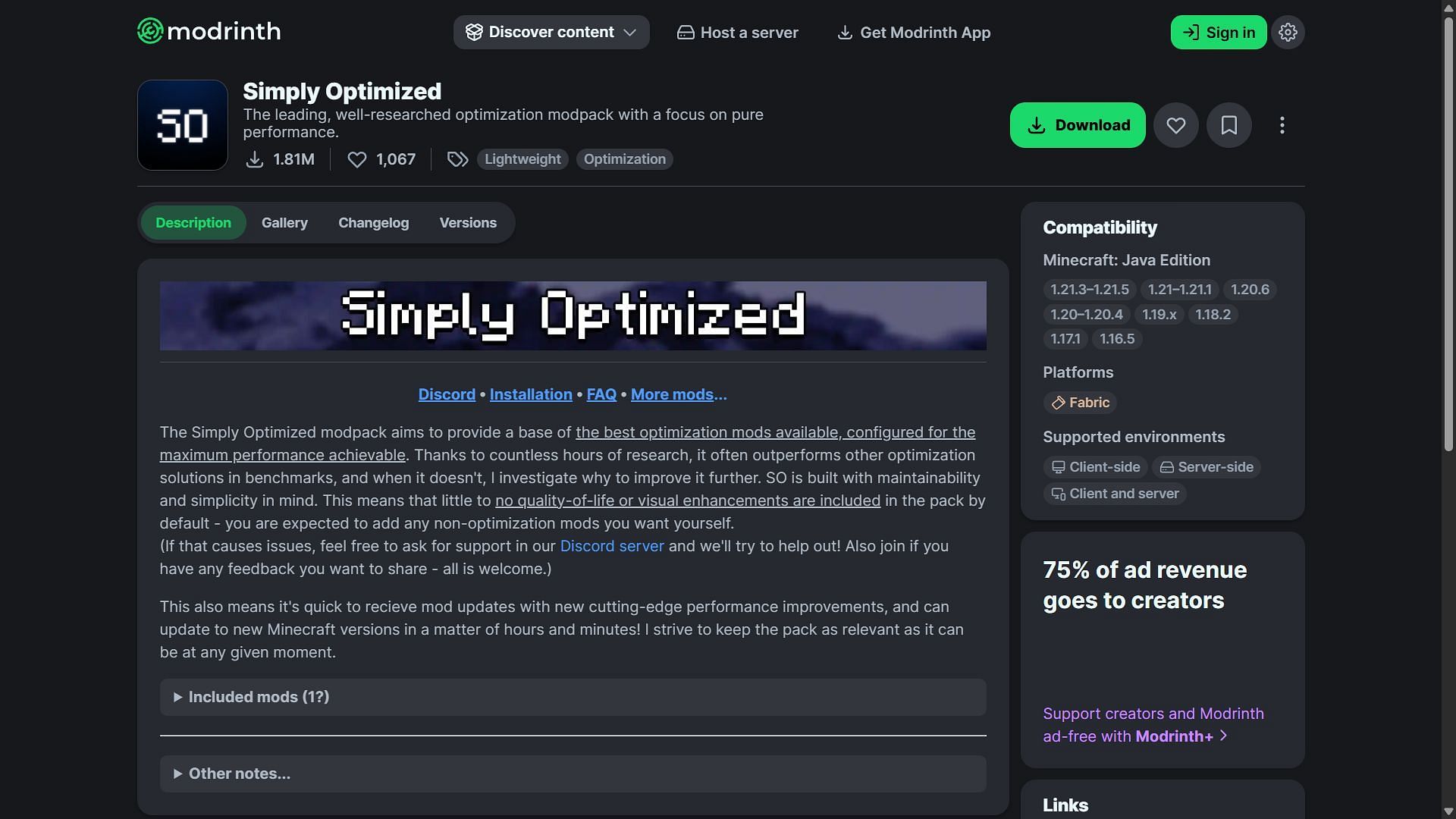 Simply Optimized also aims to provide better in-game performance (Image via Modrinth)